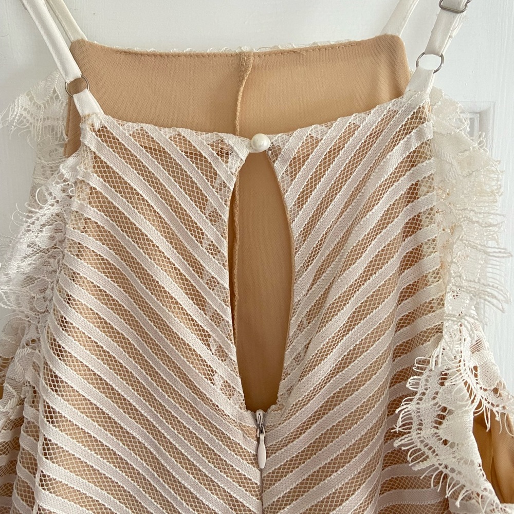 Francesca’s, White/Tan Lace Halter Dress, Size Medium